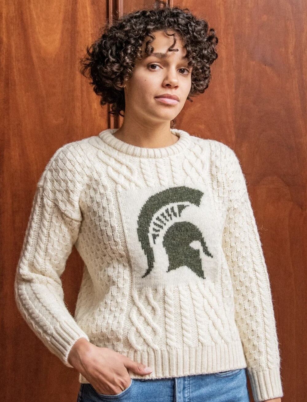 Michigan State University Women’s British Wool Crew-Neck Fisherman’s Sweater S